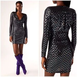 NWT BA&SH Flavie Dress Long Sleeve V Neck Sequin Sparkle Chevron Sz M